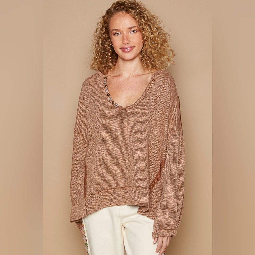 POL Coco Mocha Ribbed Long Sleeve Scoop Neck Top With Button Detail